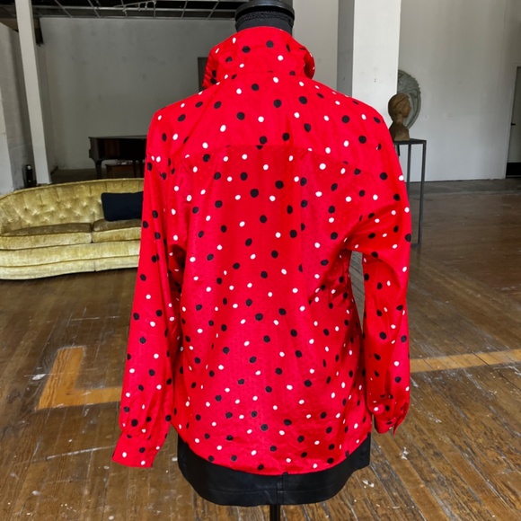 Red black-and-white silky button-down 90's top. - Picture 8 of 11